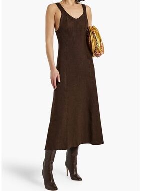 Jil Sander Brown Ribbed Knit Midi Dress